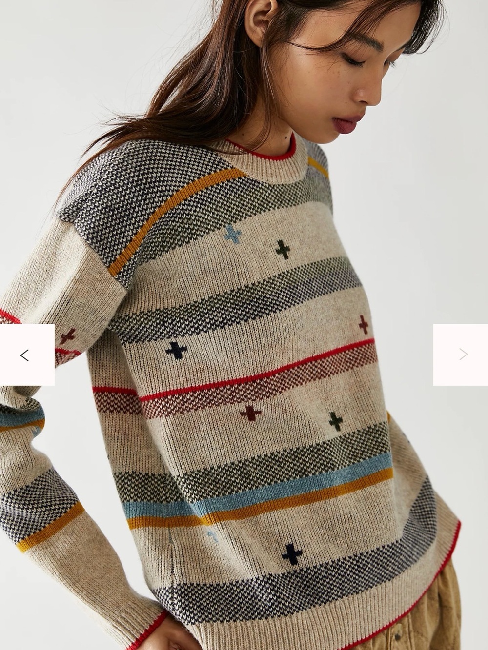 Pendleton Free People Beige Crewneck Sweater with Red Trim and Multi-Stripes - Picture 3 of 8